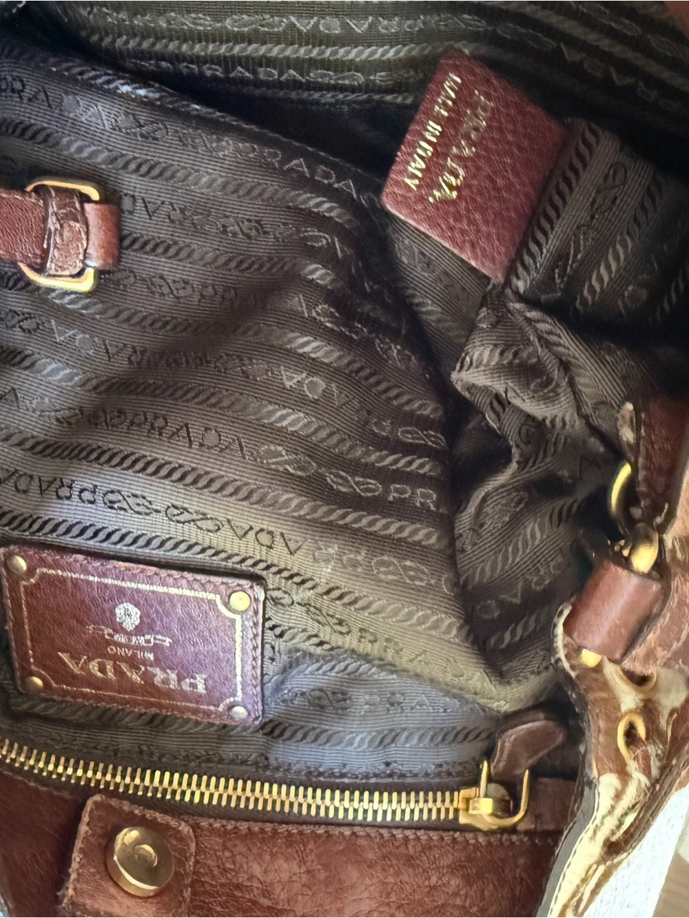 Prada Zebra Pony Hair Calf Hair Leather Tote Shoulder Bag Brown Gold Tassel - Picture 12 of 14